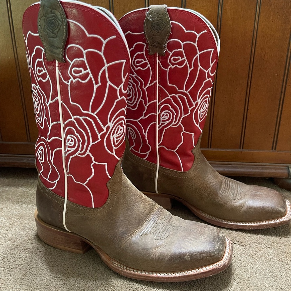 SIZE 7.5B TWISTED X WOMENS WESTERN BOOTS PULL ON SEQUOIA RED ROSE SQ TOE WXTL003